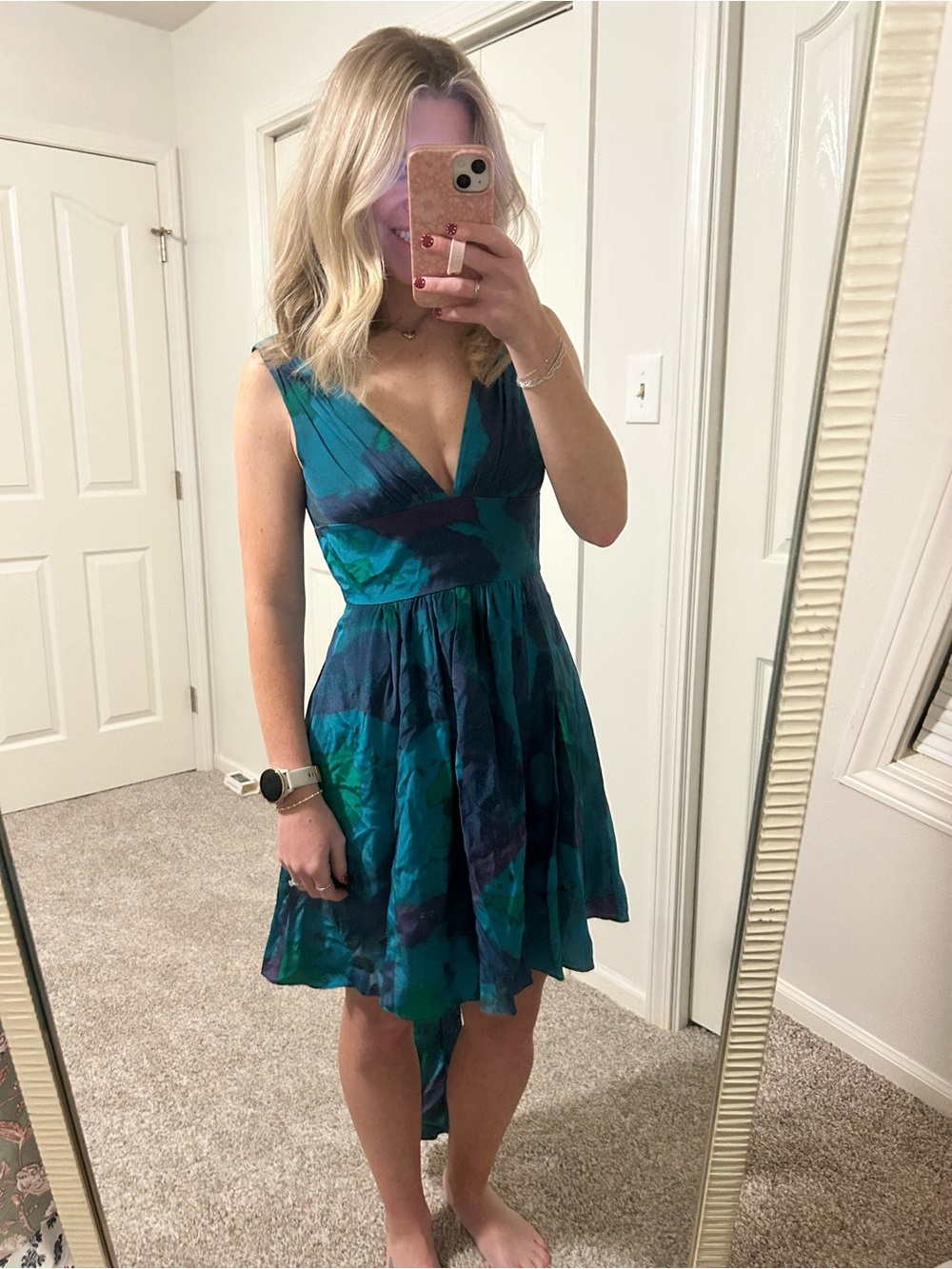 Halston Heritage Teal & Navy High-Low V-Neck Fit-and-Flare Dress